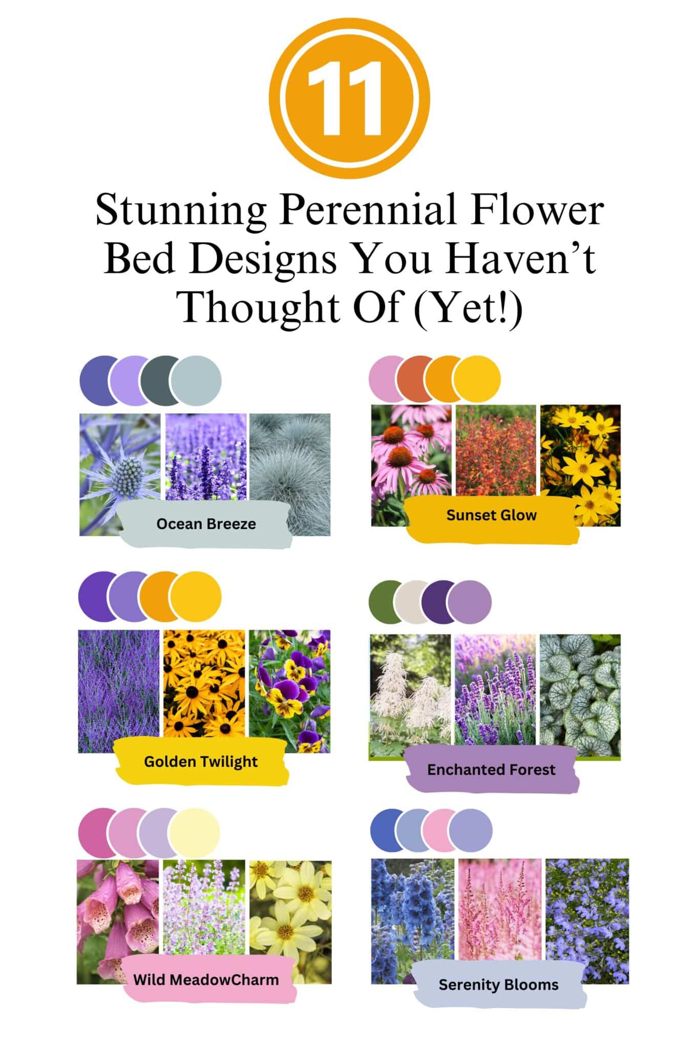 An image with 6 different Perennial Flower Bed Designs used as an example of mood and color. 