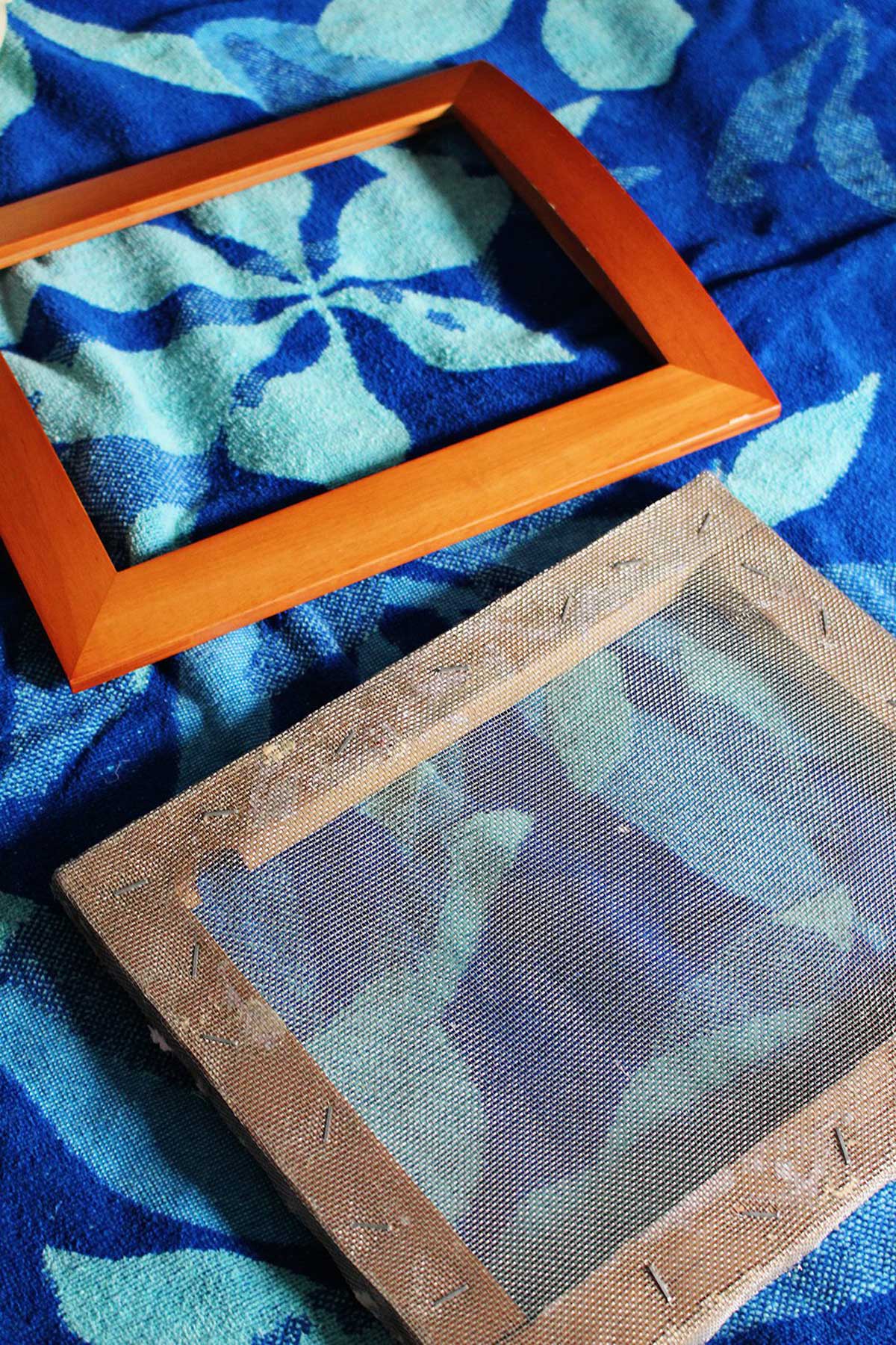 Picture frames with mesh stapled to it as a DIY mould and deckle.