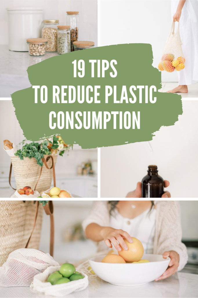 Collage of products that help reduce plastic use with text overlay.