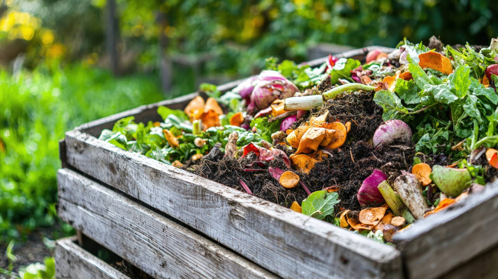 A compost bin with garden cuttings and vegetables at the top, with quality decomposed compost soil showing below.