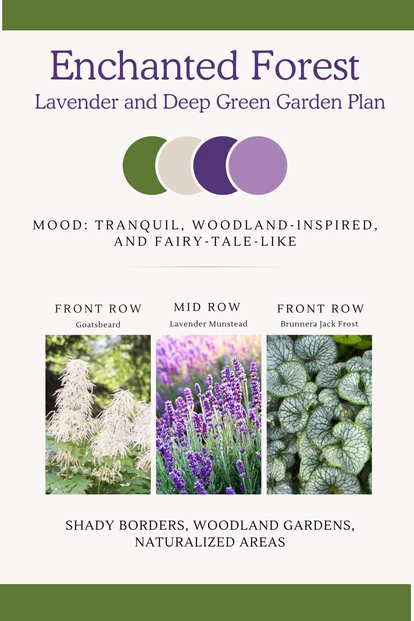 Infographic that shows dark purple Deep greens and soft whites perennial flower bed design  with a tranquil, woodland inspired feel. 