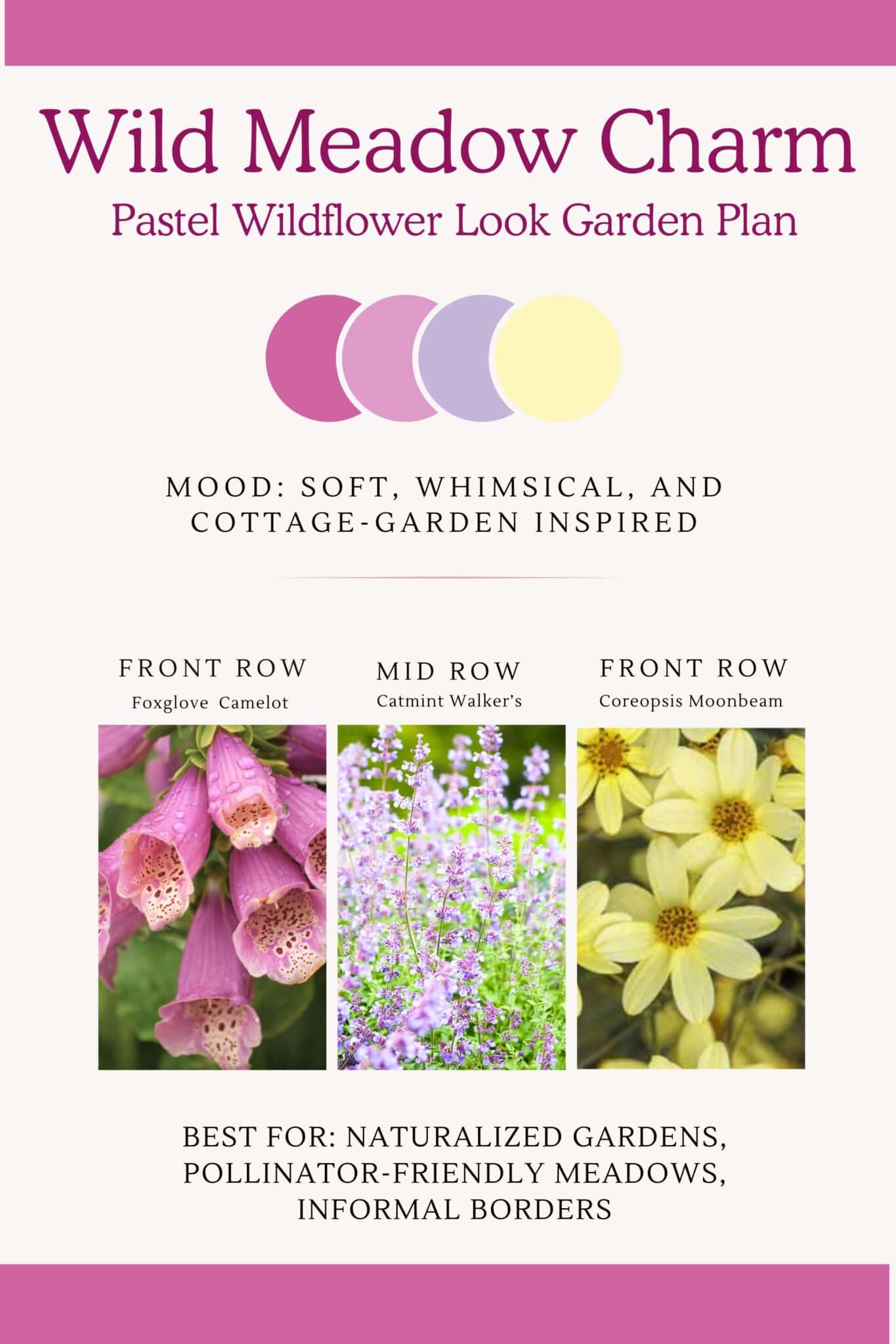 Perennial flower bed design with soft pastel pinks, violets and yellows with a soft, whimsical and cottage garden inspired feel. 