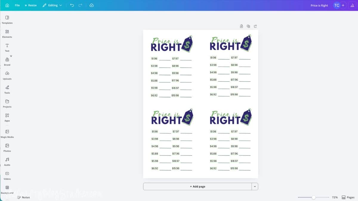 Canva design screen showing a printable Price Is Right baby shower game sheet with four cards on one page and lines for guessing product prices.