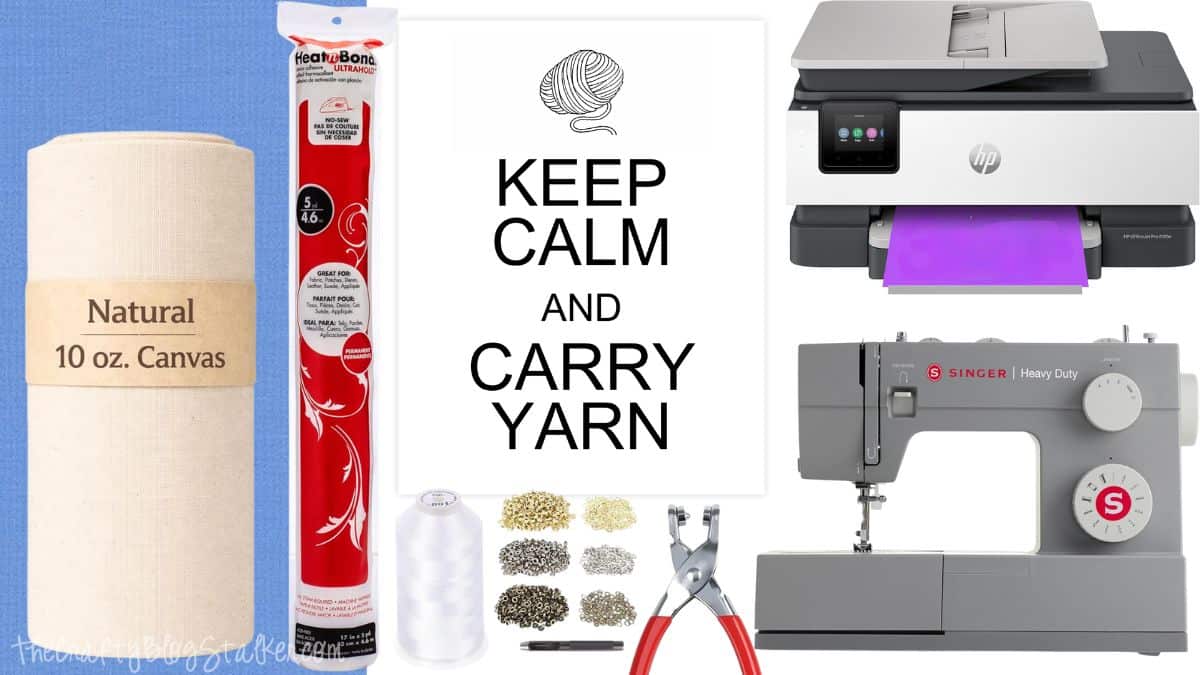 Craft supplies for a yarn tote project including canvas fabric, printable design, HeatnBond, sewing machine, printer, thread, grommets, and pliers.