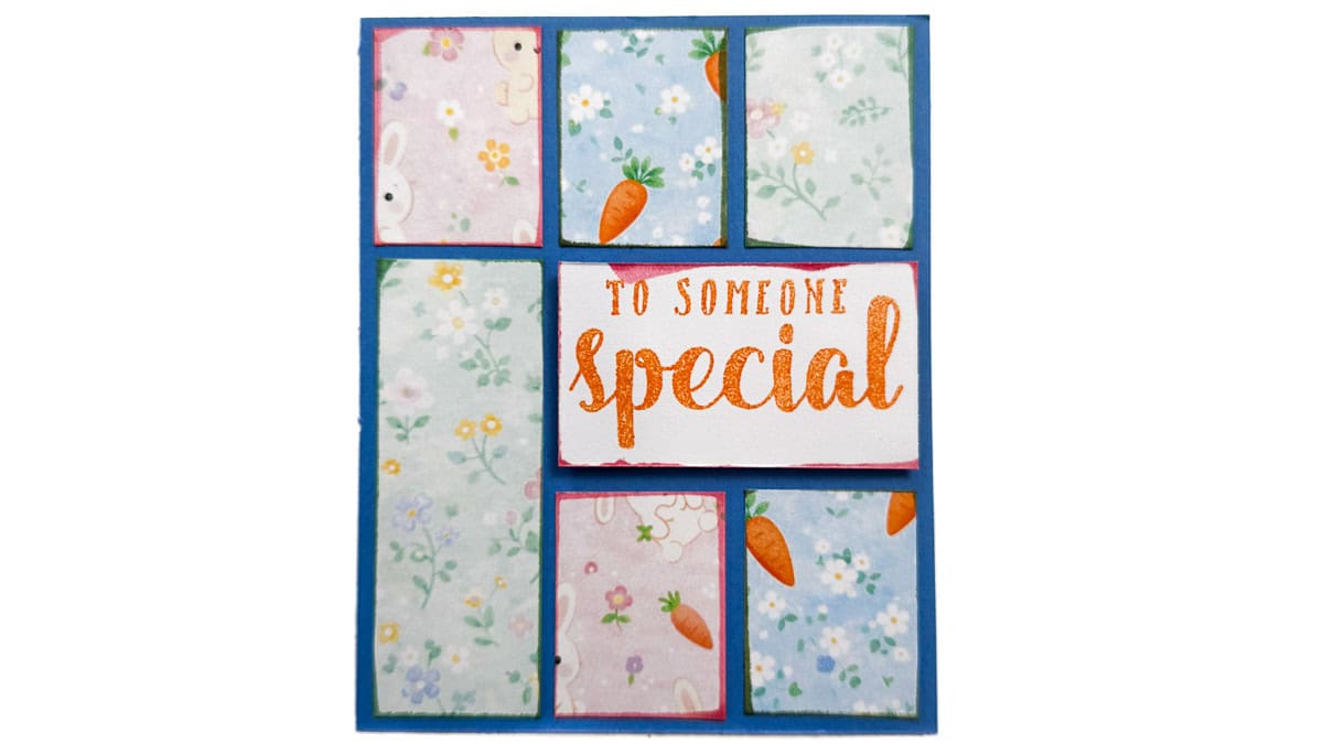 Finished handmade card with pastel bunny, carrot, and floral paper panels and a raised sentiment panel reading To Someone Special.