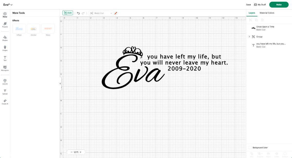 Cricut Design Space canvas showing a pet memorial design with a dog's name, dates, and a memorial quote arranged as a vinyl or paper cut project.