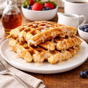Stack of cinnamon swirl waffles drizzled with icing on a plate, served with syrup, fresh berries, and coffee on a wooden table.