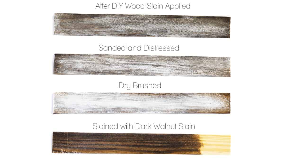 Four wood planks showing the step-by-step weathered wood process, including stained, dry brushed, sanded and distressed finishes.