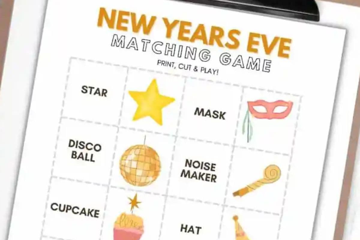 A printable New Year's Eve matching game featuring images like a star, mask, disco ball, noise maker, cupcake, and hat, with "Print, Cut & Play!" instructions.