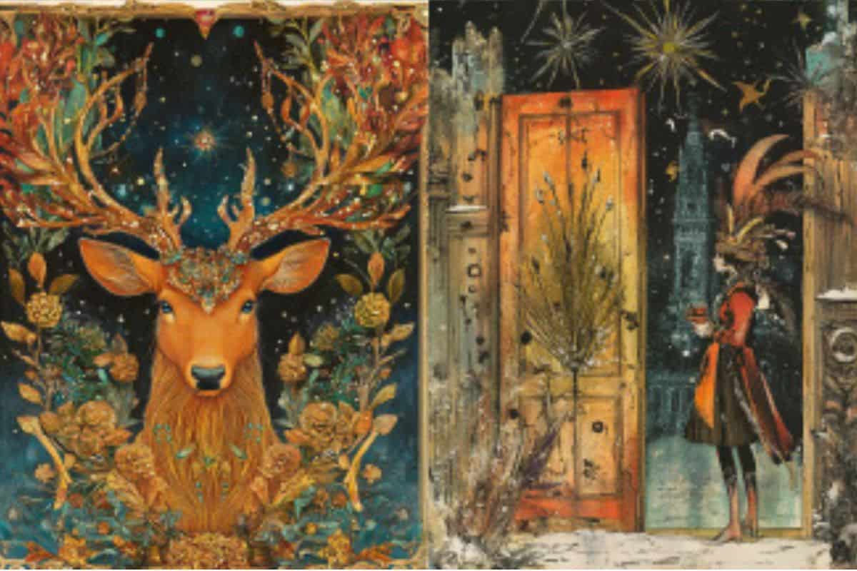 Two printable New Year card fronts: one featuring a majestic deer framed by golden foliage against a starry sky, and the other showing a festive scene with an open door and decor.