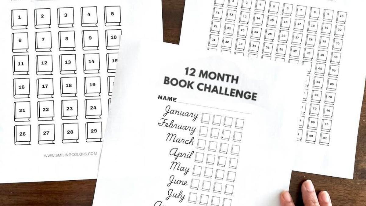 Printable 12 month book challenge reading tracker sheets with numbered book icons and monthly checklists laid out on a table, designed for tracking reading goals