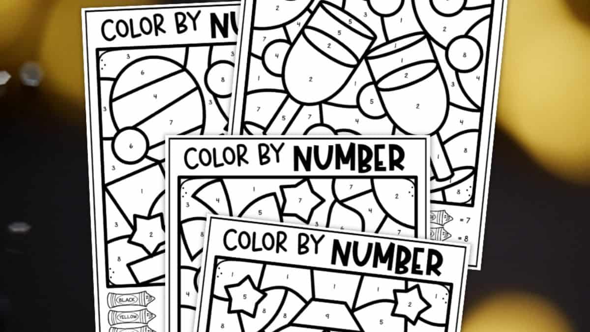 Stack of free printable New Year’s color by number pages featuring festive shapes and numbered sections for kids’ activity sheets.
