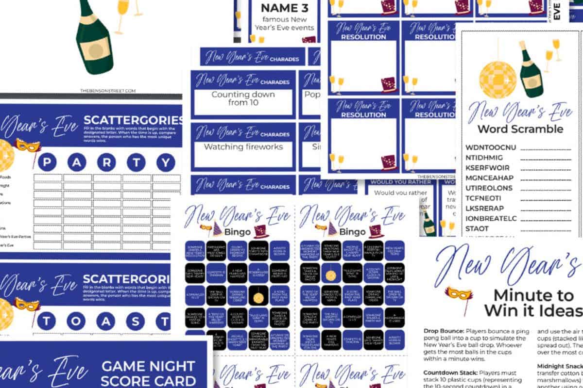 A collection of printable New Year's Eve games, including Scattergories, charades, bingo, word scramble, resolutions, and Minute to Win It ideas, designed for all ages.