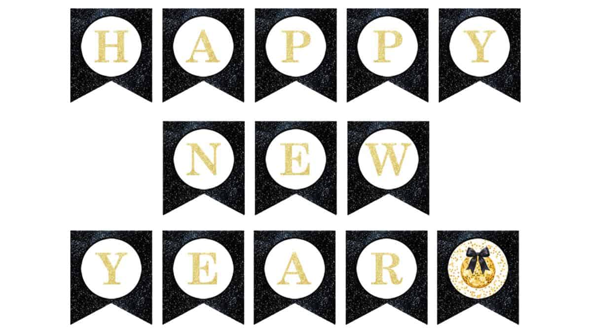Printable Happy New Year banner with individual pennant flags spelling out the phrase and a decorative clock accent for party decor.