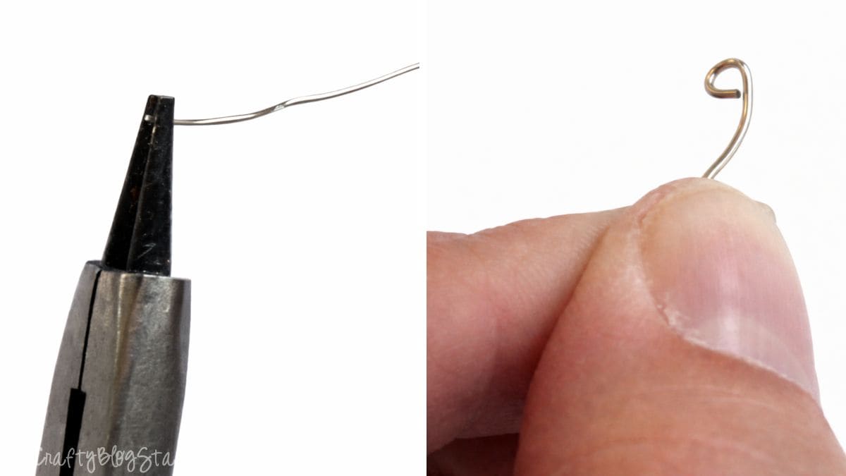 Close-up showing pliers bending craft wire into a small loop, with a hand holding the finished looped end for jewelry making.