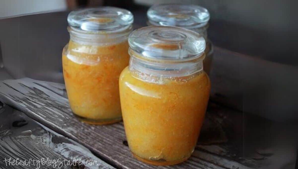 Three jars of homemade sugar scrub.