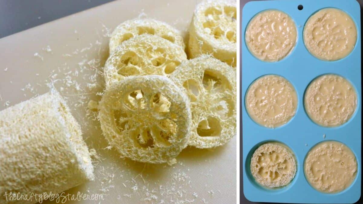 Sliced natural loofah pieces on a cutting board beside a silicone mold filled with liquid soap, showing the process of making exfoliating loofah soap.