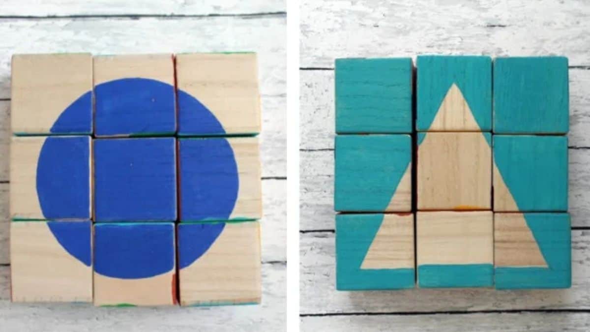 Two handmade wooden block puzzles arranged in grids, one forming a circle and the other a triangle, displayed side by side on a rustic surface.