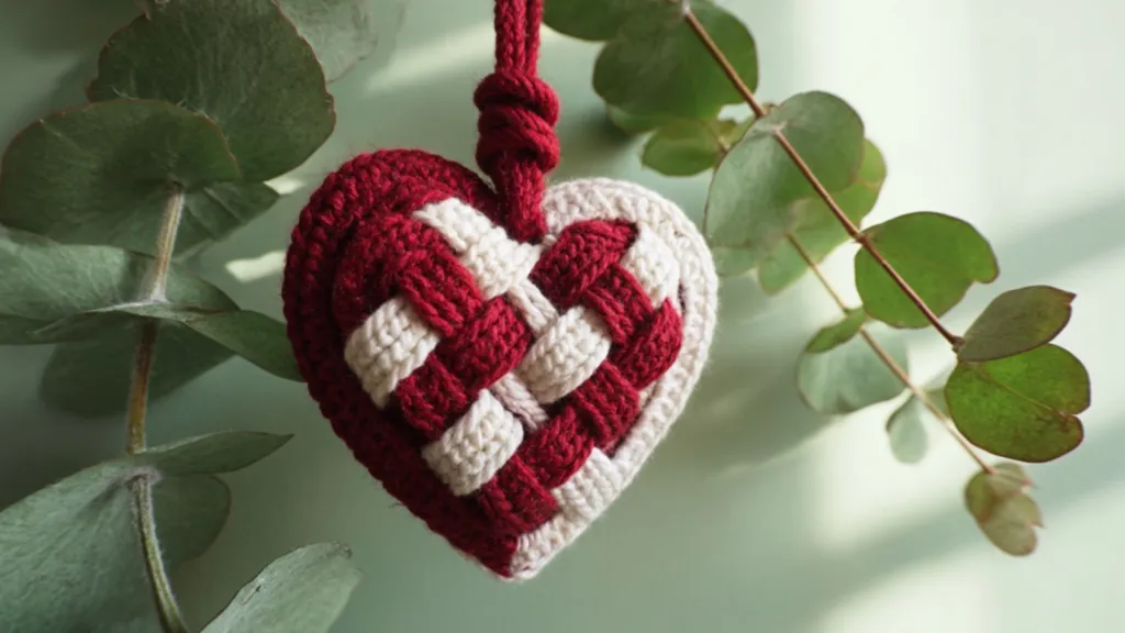 Crochet Danish heart: a red and white heart with a checkerboard pattern in front of a green wall and eucalyptus branches