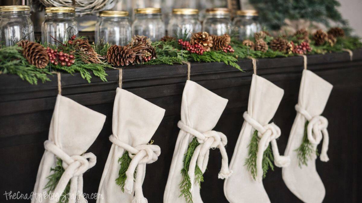 Close-up of white stockings tied with rope and greenery, hanging from a piano decorated with pine garland, pinecones, berries, and jars.