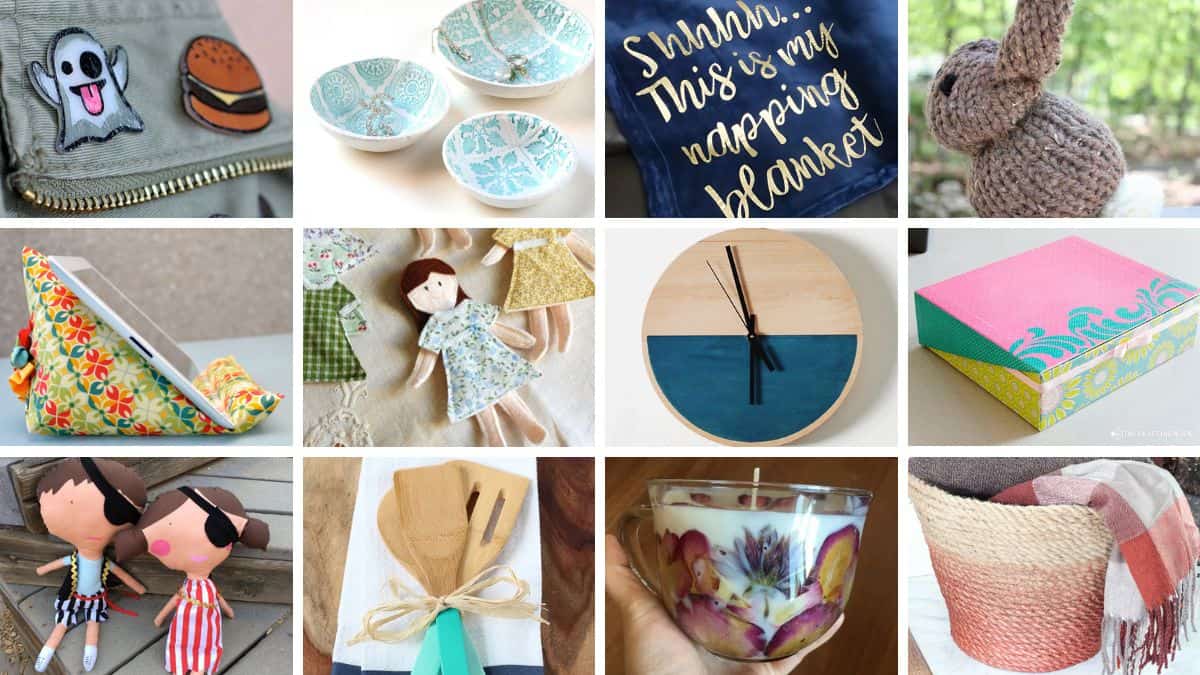 Collage of handmade gift ideas including sewn patches, jewelry dishes, pillows, crocheted toys, dolls, wood crafts, candles, boxes, and DIY home decor projects.