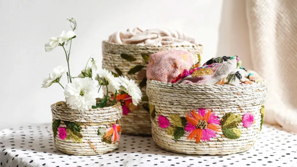 Embroider baskets with flowers: three decoratively embroidered baskets.