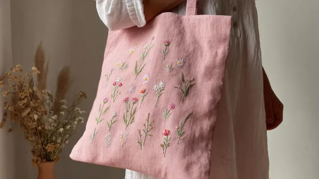 Embroider a pink jute bag with scattered flowers