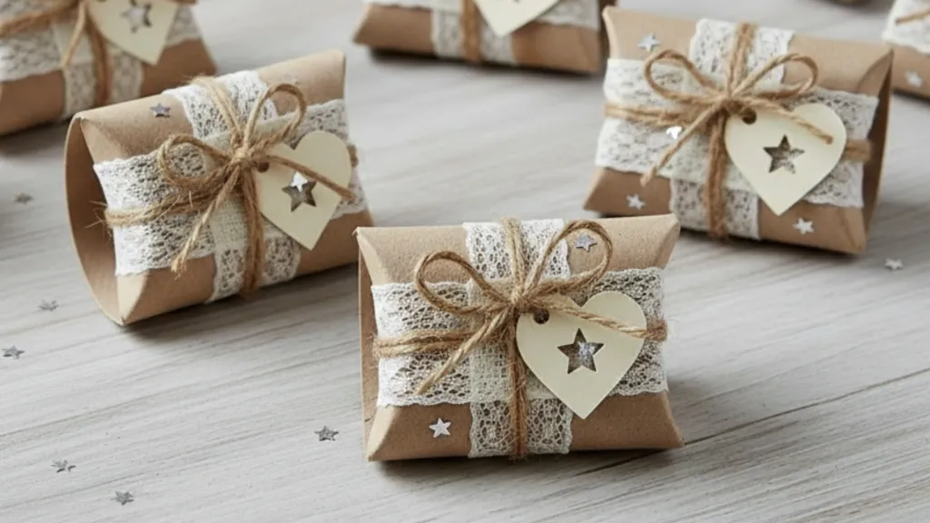 Folding boxes made from toilet paper rolls decorated with lace and bows