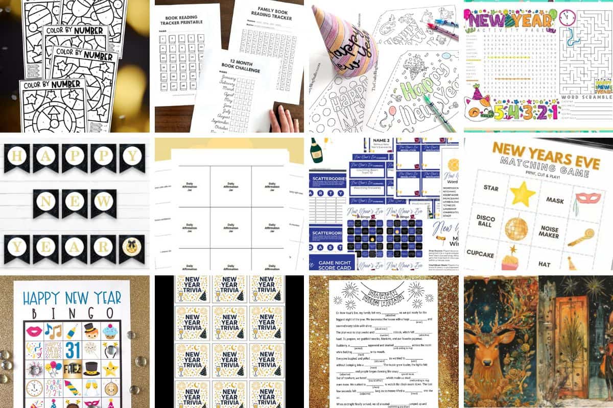 Collage of New Year's printable activities including bingo, trivia cards, reading trackers, affirmation jars, games, coloring pages, and party printables arranged in a grid.