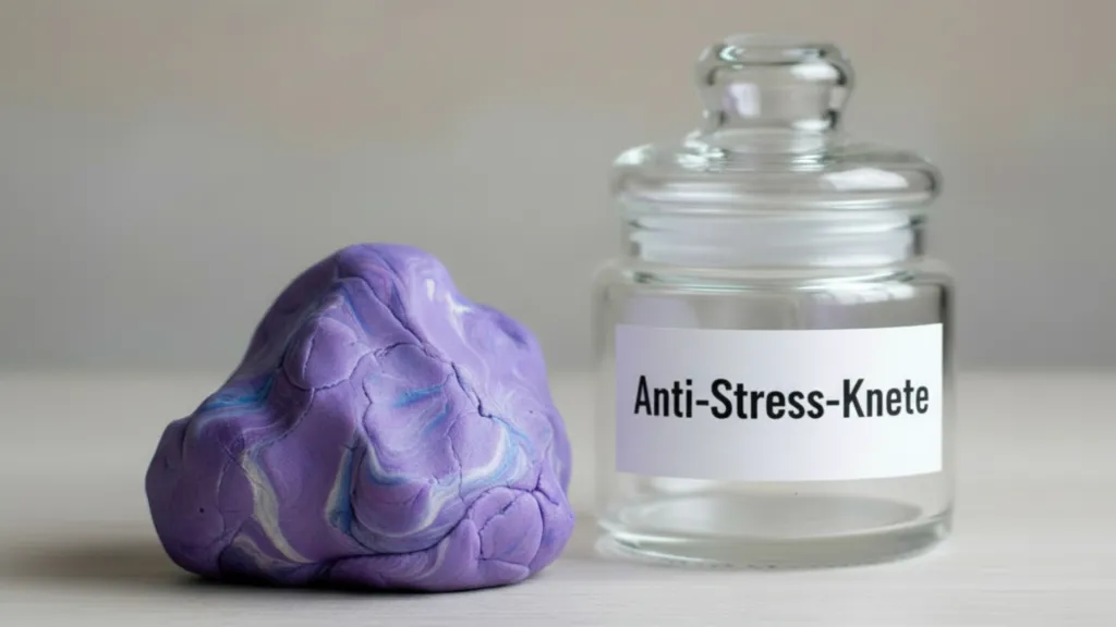 A purple anti-stress dough lies next to a glass