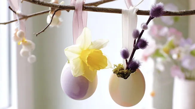 Two mini bouquets made of eggshells hang on an Easter bouquet.
