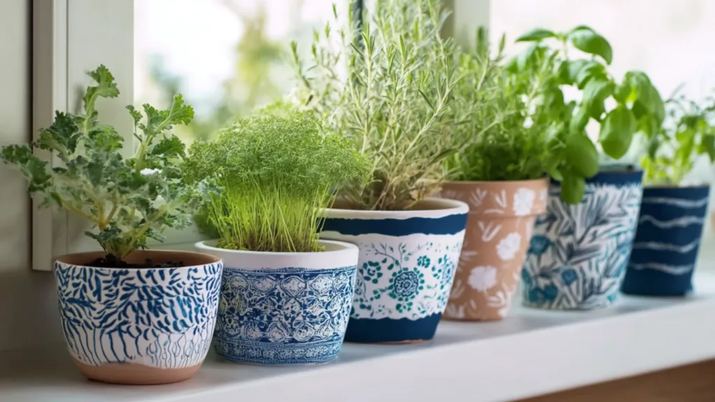 Painted flower pots with herbs stand on a windowsill