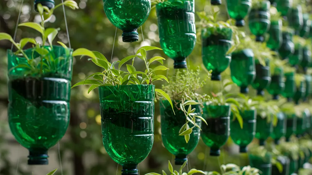 Planters made from plastic bottles on a balcony.