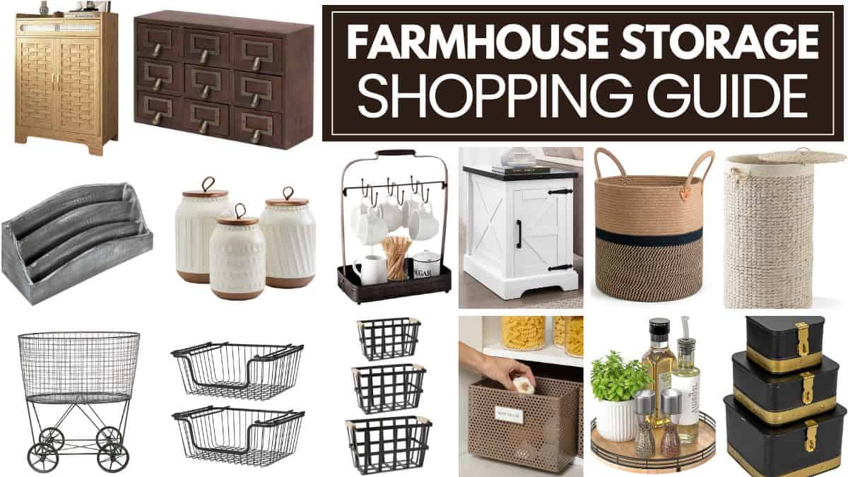 Collage of home organization storage items, including cabinets, drawers, baskets, wire bins, carts, canisters, and trays, presented as a home organization shopping guide.