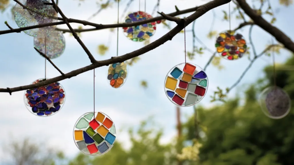 Suncatchers made from hot glue, mosaic stones, beads and glitter hang from a bush