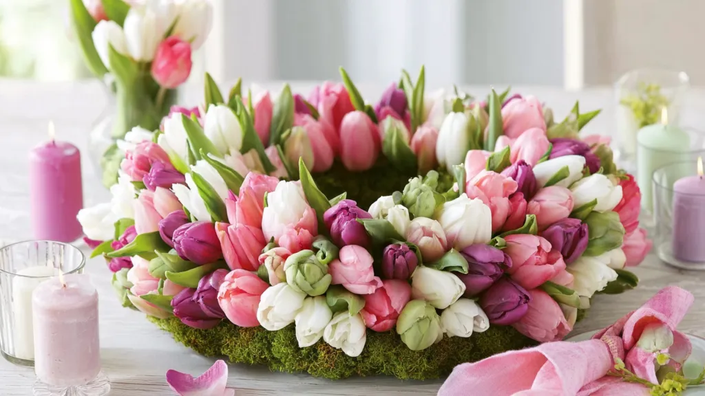 A colorful wreath of tulips stands on a table. The background is decorated with candles and more tulips in a vase.