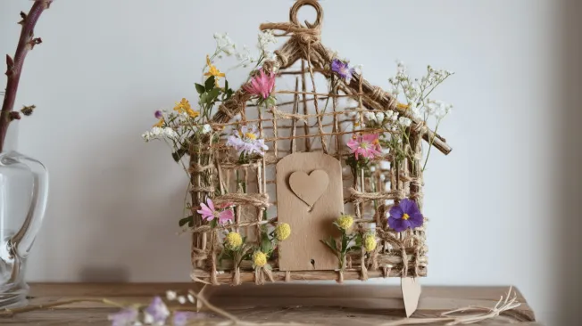 Weaving a house from branches and flowers, cute elf house made from natural materials