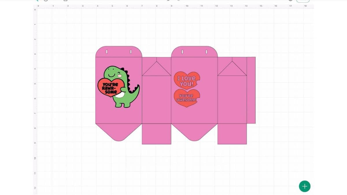 Cricut Design Space canvas showing a dinosaur Valentine treat bag layout with cut-and-fold panels and heart messages ready for cutting.